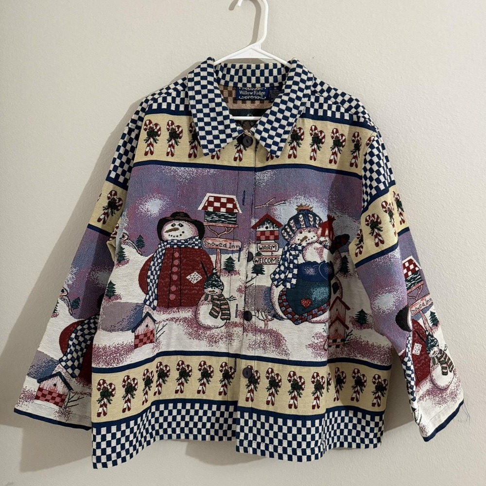Womens Willow Ridge Tapestry Christmas Jacket Snowman family Button Front 1X